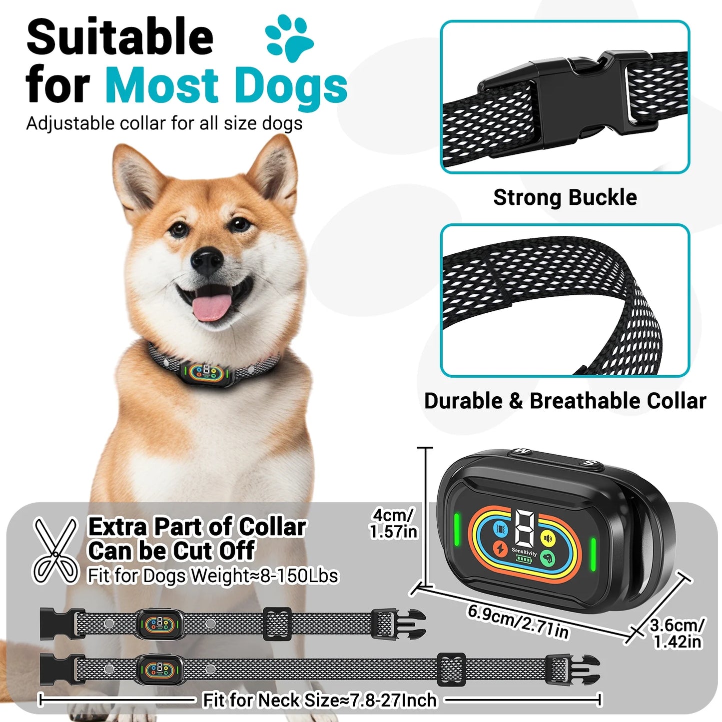 Dog Bark Shock Collar for Large Medium Small Dogs,Smart Bark Collar,Rechargeable anti Barking Training Collar with 7 Adjustable Sensitivity, with Beep Vibration