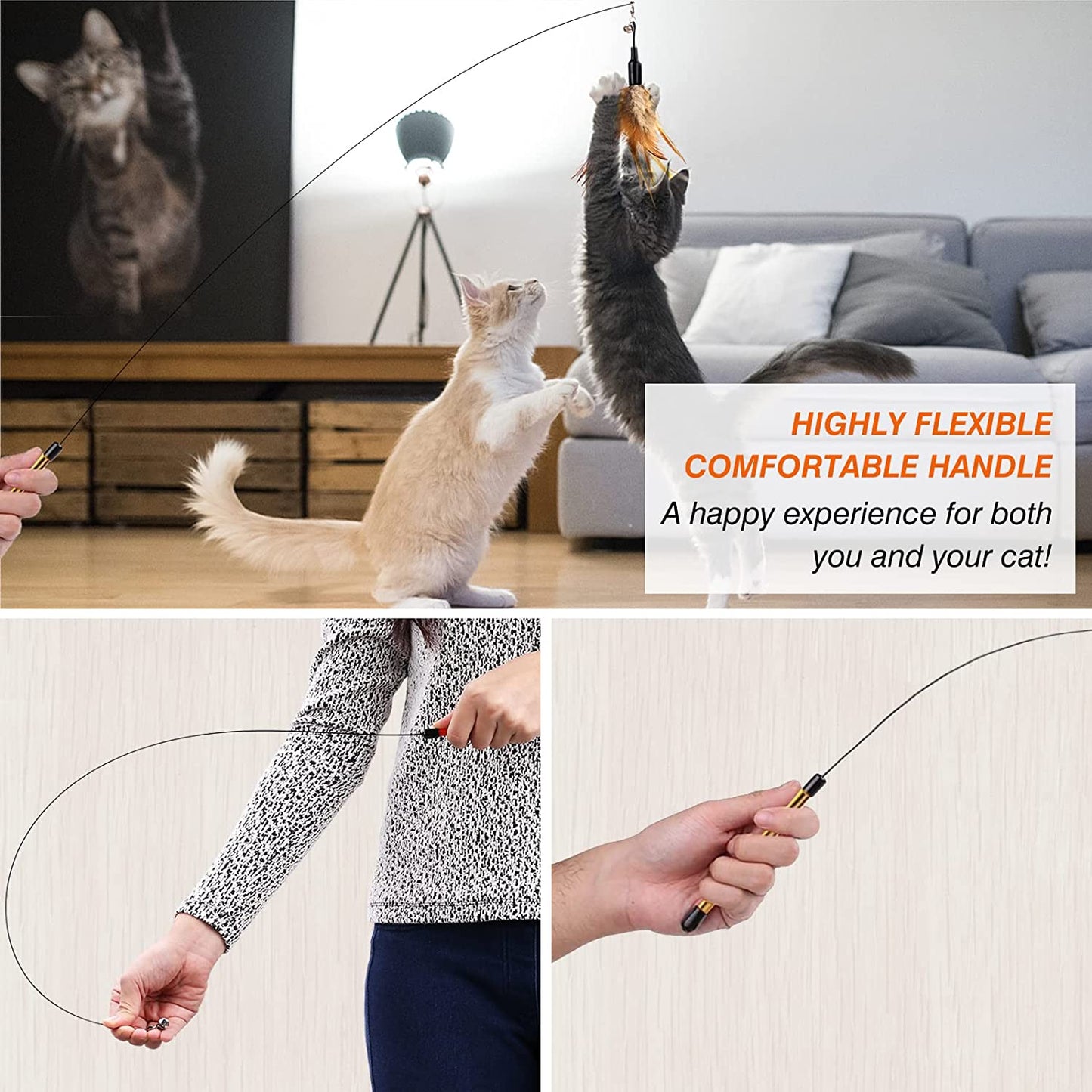 Feather Teaser Cat Toy - Interactive Wand with Extra Long 34.5" Wand and Small Bell, Fun Exerciser Playing Toy for Kittens or Cats, Brown Feather