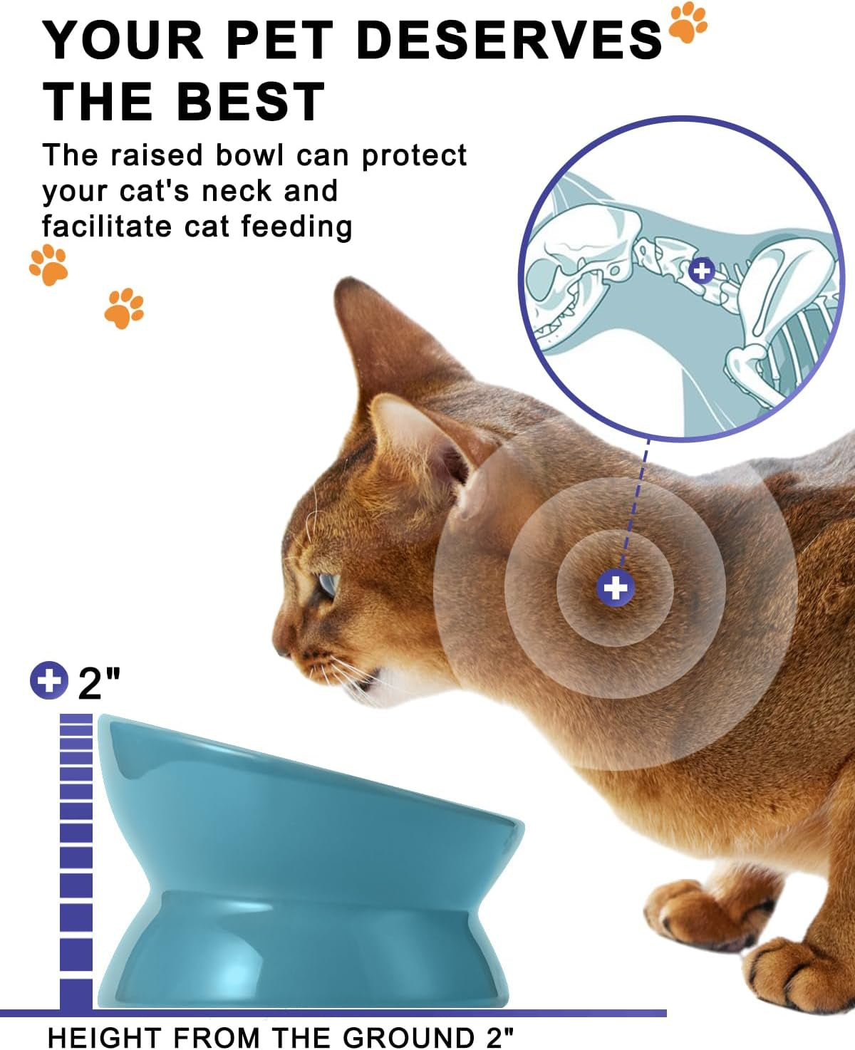 Elevated Cat Food Bowl, Ceramic Raised Bowl, Tilt Angle Protects Cat'S Spine, anti Vomiting Dish, Backflow Prevention, Lake Blue