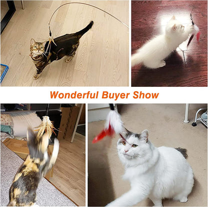 Feather Teaser Cat Toy - Interactive Wand with Extra Long 34.5" Wand and Small Bell, Fun Exerciser Playing Toy for Kittens or Cats, Brown Feather