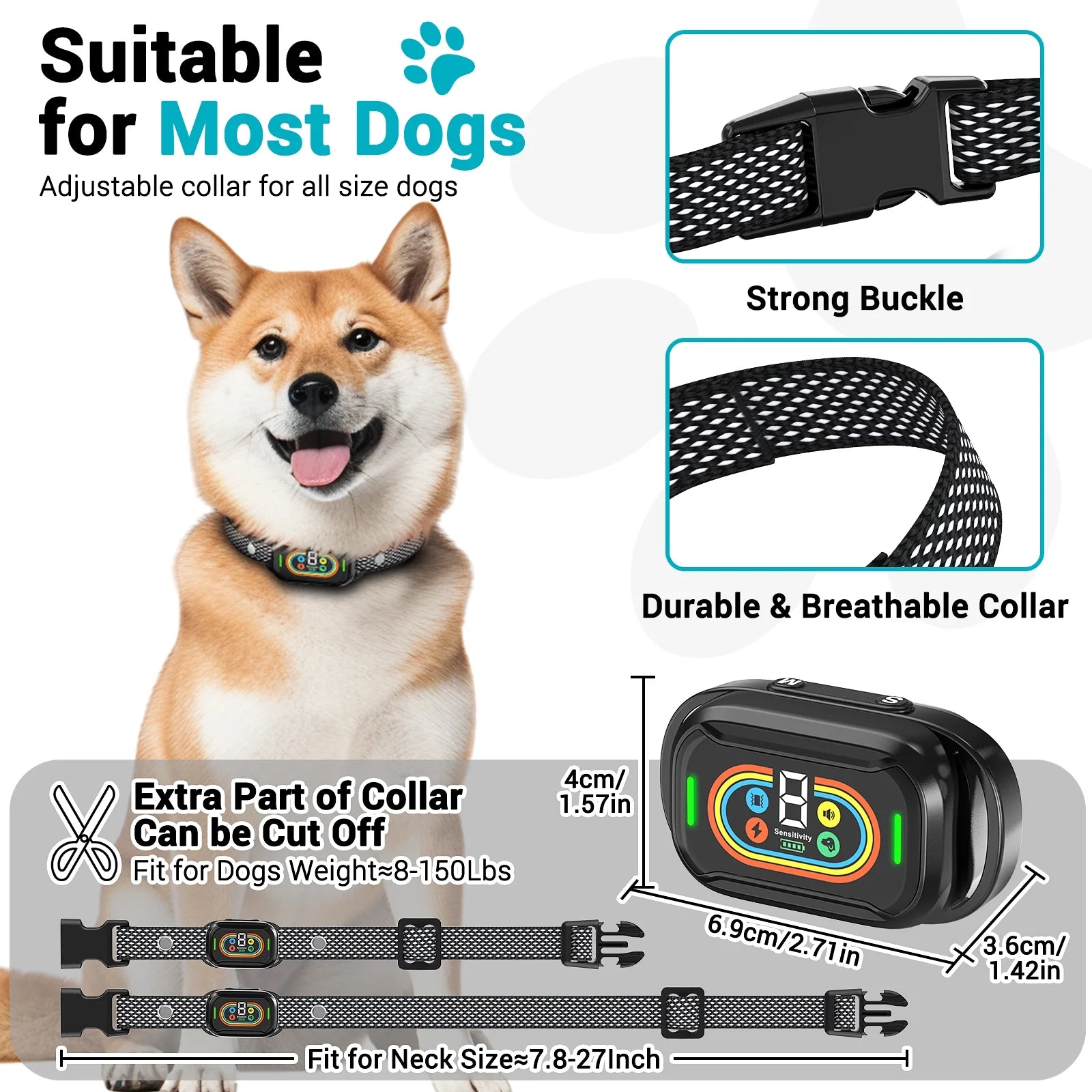 Dog Bark Shock Collar for Large Medium Small Dogs,Smart Bark Collar,Rechargeable anti Barking Training Collar with 7 Adjustable Sensitivity, with Beep Vibration